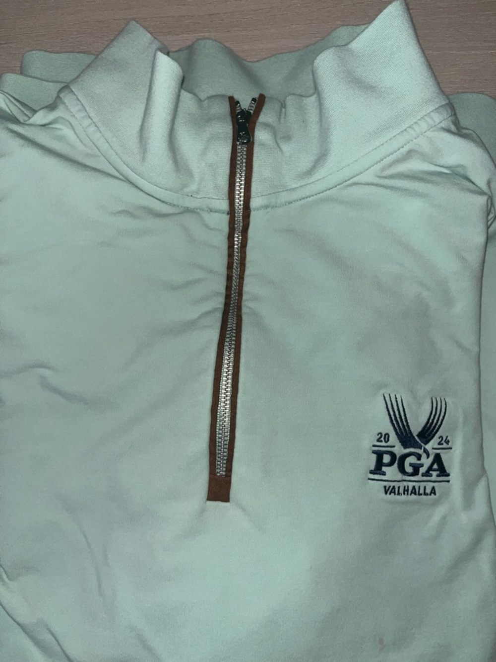 PGA Valhalla 1/4 Zip Pullover - Light Green White with Brown Trim